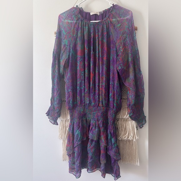 Ramy Brook Printed Rosanna Dress Size Medium Boysenberry Smocked Waist Paisley - Picture 2 of 6